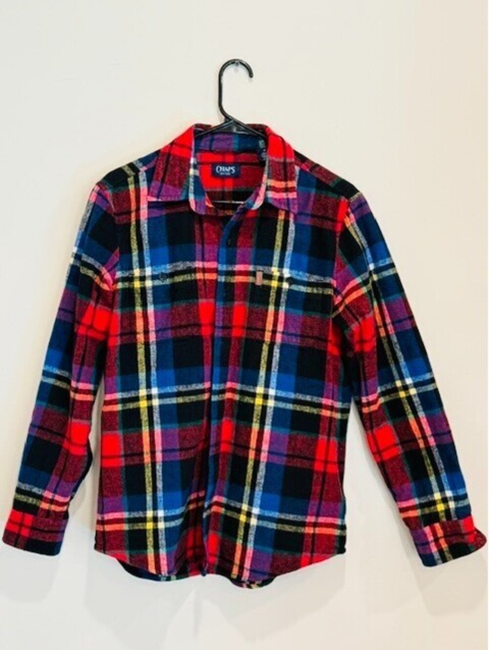 Chaps Mens Plaid Flannel Shirt Medium Long Sleeve Button Down Red Blue Tartan